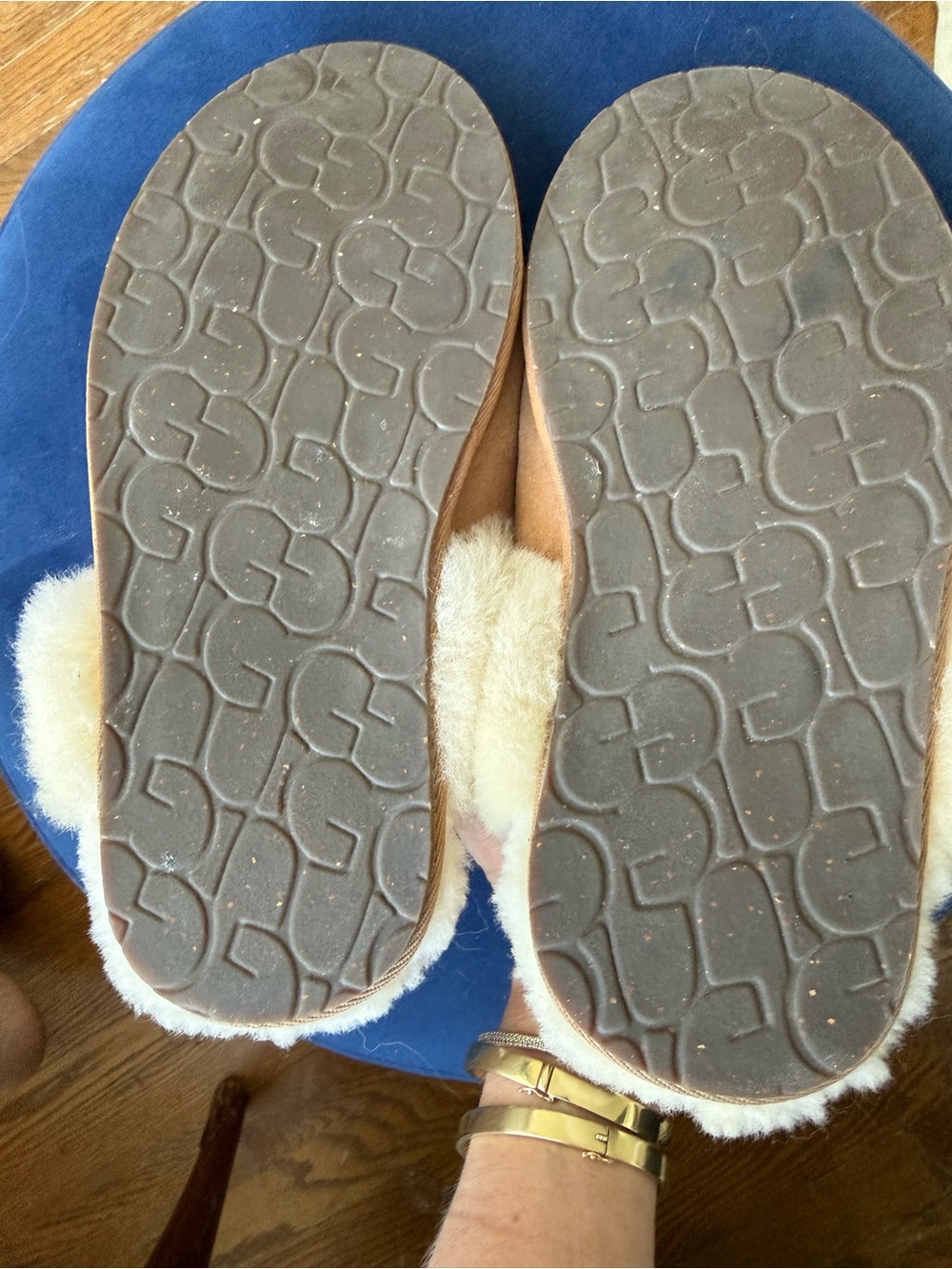 UGG Chestnut Suede Slippers with Cream Shearling Cuff - Picture 2 of 2